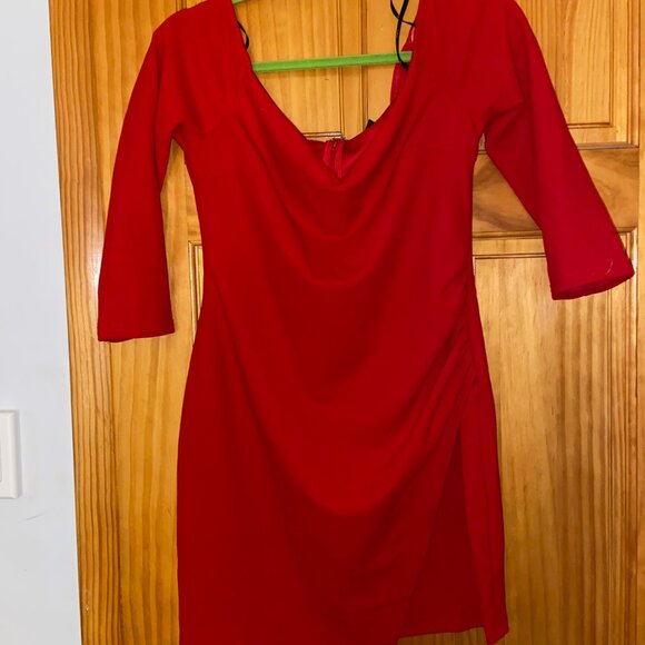 Lulu's Red Asymmetrical Off-the-Shoulder Dress - Picture 2 of 3